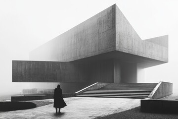 Mysterious architectural structure surrounded by fog urban environment photography minimalist viewpoint