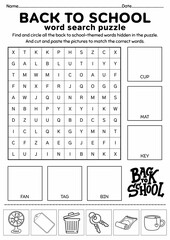 Back to School Word Search Puzzle for Kids, Cut and Paste Activity, Printable Puzzle Game, Back to School Activity, Fun Vocabulary Worksheet