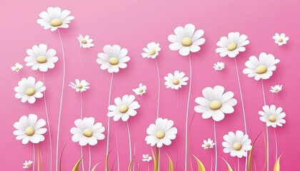 Pink background with white flowers, cute simple flat vector illustrations of simple shapes and lines, white flower icons on a pink background