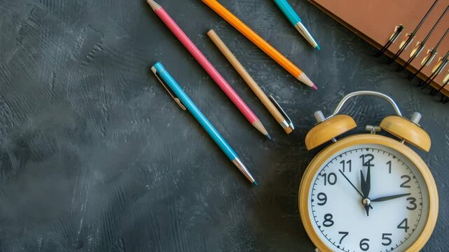Colorful pencils and vintage clock on a textured surface with a notebook arranged for creative planning