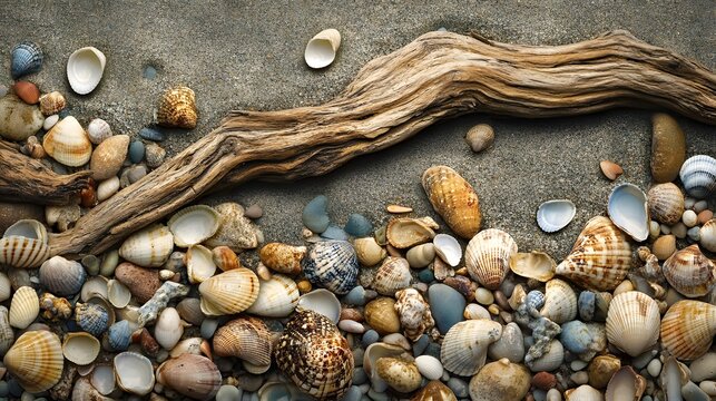 Beach with driftwood and scattered seashells - Powered by Adobe