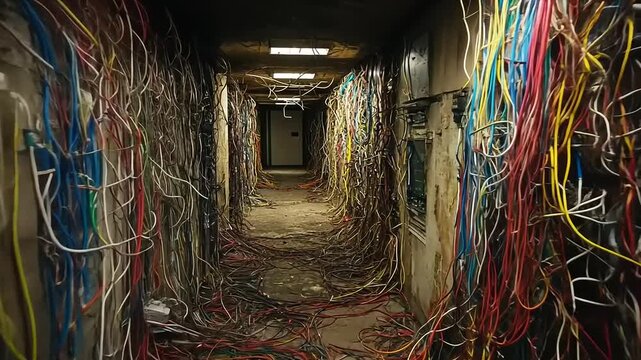 Abandoned Tech Corridor: A Tangled Network of Wires and Cables in Despair
