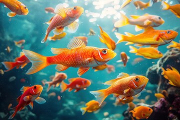 Swarming goldfish in a vibrant aquarium underwater scene colorful marine life natural habitat close-up perspective