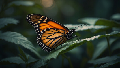 Monarch Butterfly on Leaf at Twilight