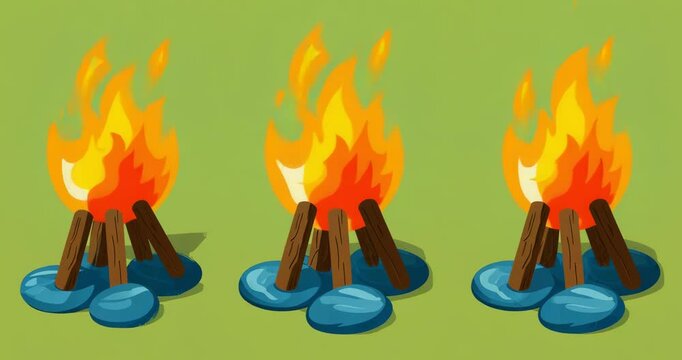 Cartoon-style campfire icons with logs and flames on green background, ideal for camping, survival, or fire-related graphics