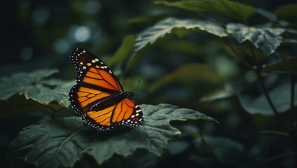 Monarch Butterfly on Leaf at Twilight