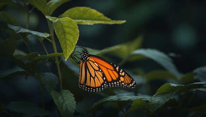 Monarch Butterfly on Leaf at Twilight