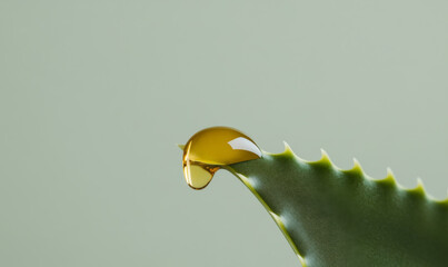 Fototapeta premium Close-up of an aloe vera leaf with a golden droplet hanging from its tip, highlighting its medicinal and skincare properties