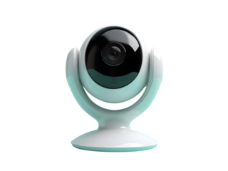  security camera with circular white body and black lens on plain white background, sleek smart tech aesthetic. PNG file isolated on transparent background.