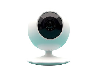  security camera with circular white body and black lens on plain white background, sleek smart tech aesthetic. PNG file isolated on transparent background.