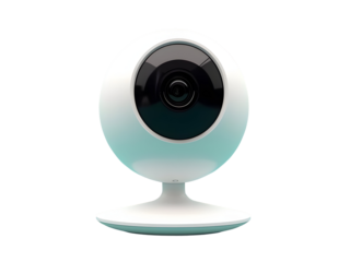  security camera with circular white body and black lens on plain white background, sleek smart tech aesthetic. PNG file isolated on transparent background.