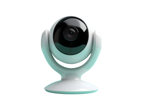  security camera with circular white body and black lens on plain white background, sleek smart tech aesthetic. PNG file isolated on transparent background.