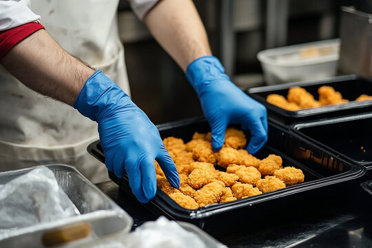 Chef Preparing Crispy Chicken Nuggets in a Commercial Kitchen Setting - Powered by Adobe