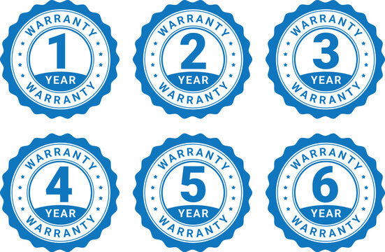 Set of six blue circular warranty badges from 1 to 6 years with bold text, used for product assurance and service guarantees	