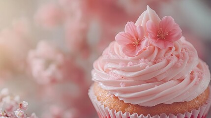Pink cupcake with pink frosting and flowers