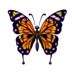 Imaginary butterfly with colorful symmetrical speckled wings. Stylized illustration with intricate details, white background. For nature or transformation themes.
