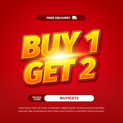 Buy 1 Get 2 Shopping day Sale discount deals Bright red gradient Editable text effect Simple Promotion Marketing banner