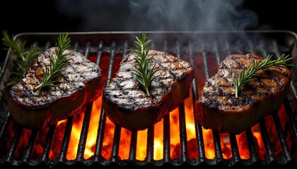 Grilled Meat Steaks with Rosemary on Flaming Barbecue Grill