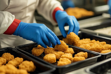 Quality assurance inspection of freshly prepared golden chicken nuggets