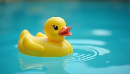 Yellow Rubber Duck Floating in Blue Water with Gentle Ripples