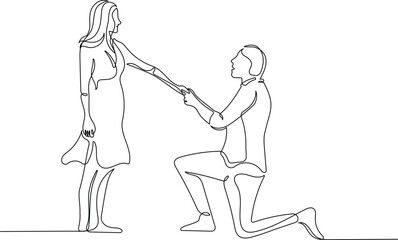 Marriage proposal in continuous line drawing style. Sketch of romantic couple in minimalist black lines isolated on white background. Vector illustration