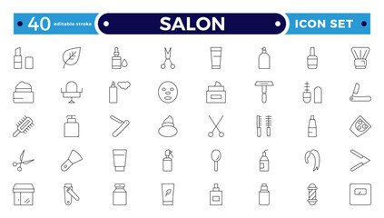 Barber shop and salon outline icons set. Containing styling tools, scissors, comb, clipper, and more. Modern outline icons collection. Editable stroke outline icon.
