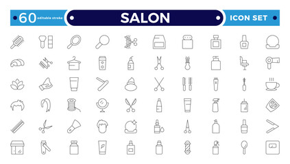 Barber shop and salon outline icons set. Containing styling tools, scissors, comb, clipper, and more. Modern outline icons collection. Editable stroke outline icon.
