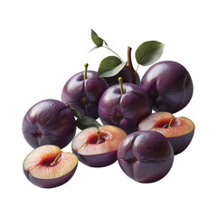Fototapeta premium Fresh Purple Plums with Green Leaves and Sliced Fruit