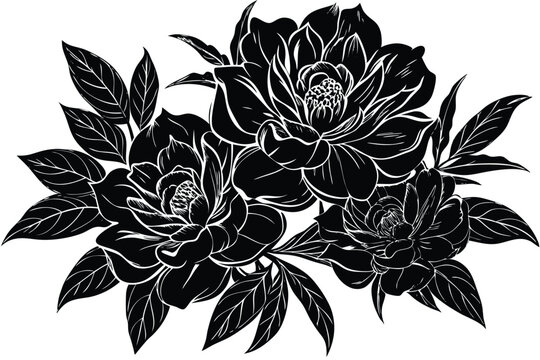 Black and white floral arrangement with three detailed peonies and lush foliage