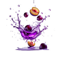 Plums splashing in purple juice isolated on transparent background