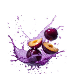 Plums splashing in purple juice isolated on transparent background
