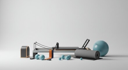 Pilates equipment rests on white surface showcasing fitness workout gear studio