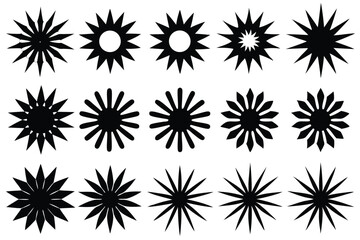 Diverse black starburst shapes silhouette vector graphic collection on white background