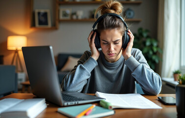 Focus on work: student with headphones on laptop