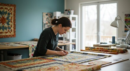 Focused seamstress repairs colorful quilt handmade in sunlit studio creative