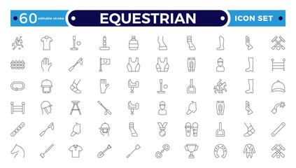 Equestrian Outline Icon Set. Horse, Rider, Gallop, Dressage, Racing, Pony, Farm Animal, Stable, Mustang, Silhouette, Freedom, Power, Mane, Saddle, Competition, Vector. Editable stroke outline icon.