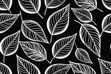 Monochrome leaf pattern design elegant white leaf silhouettes on black background