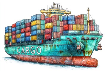 Cargo Ship loaded with containers. Cargo Ship isolated on white background. Freight Ship icon. Shipping Vessel. Large Container Ship. Maritime Transport Ship. Ocean Freight Ship on white Mockup.	