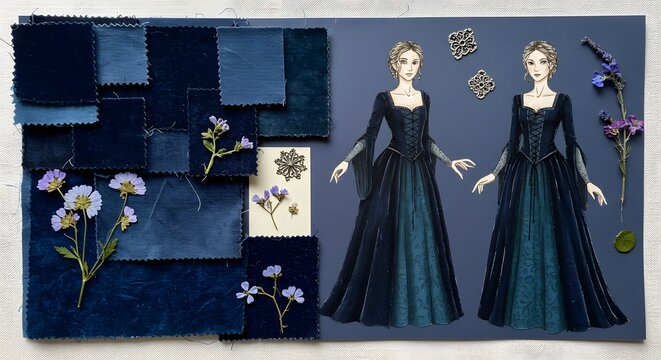 Moody Blue Fashion Design Mood Board: Elegant Medieval Gowns, Velvet Swatches, and Pressed Flowers for Renaissance Inspired Clothing and Textile Design Inspiration