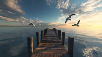 Long pier extending over a peaceful sea with seagulls flying