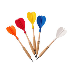 Set of five colorful foam darts with wooden shafts, ready for a game, against a transparent background..