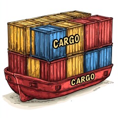 Cargo Ship loaded with containers. Cargo Ship isolated on white background. Freight Ship icon. Shipping Vessel. Large Container Ship. Maritime Transport Ship. Ocean Freight Ship on white Mockup.	