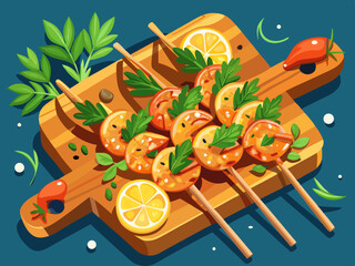 vector of Grilled shrimp skewers seasoned with herbs and spices, beautifully presented on a wooden board, garnished with fresh herbs, perfect for seafood ...
