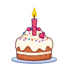 Pixel Art Birthday Cake With Candle and Colorful Decorations