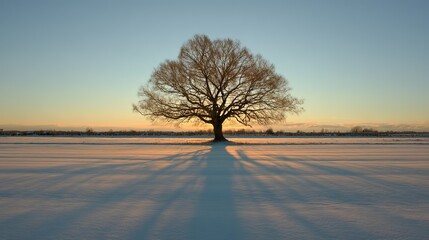 Trees in a snowy scene at sunrise, symmetrical composition, shining with golden light, shadows stretching on the ground. Warm tones and serene wide-angle shooting.