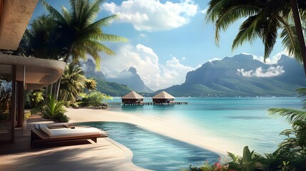 A luxury beach resort with overwater bungalows