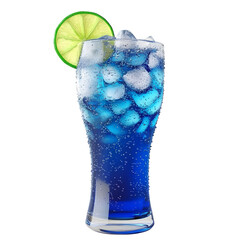 Refreshing Blue Soda Drink with Ice and Lime Slice – Transparent PNG