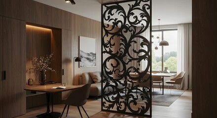 Elegant Home Interior with Modern Design: Featuring Stylish Furniture, Decorative Screen, Dining Area, and a Serene Living Space, Perfect for Contemporary Living and Interior Design Inspiration