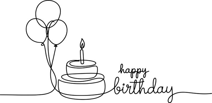 Happy birthday cake balloons one line art drawing