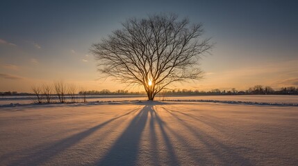 Trees in a snowy scene at sunrise, symmetrical composition, shining with golden light, shadows stretching on the ground. Warm tones and serene wide-angle shooting.